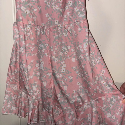Fullah Sugah summer jumpsuit with open back, pink and white