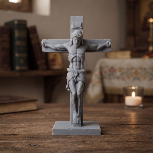 3D Printed Crucifix with Jesus figure, decorative, grey