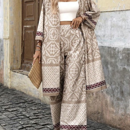 Shein kimono shirt and palazzo pants set new, beige and brown