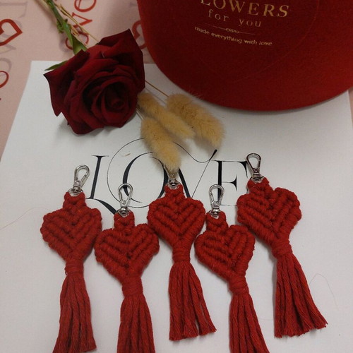 Handmade macrame heart keychain red new
