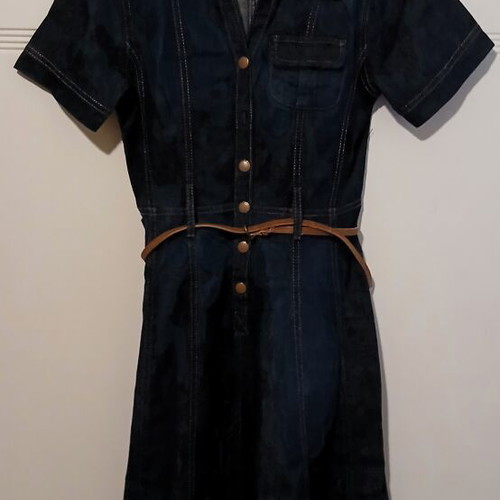 Denim dress ALE elastic midi with brown leather belt size S like new