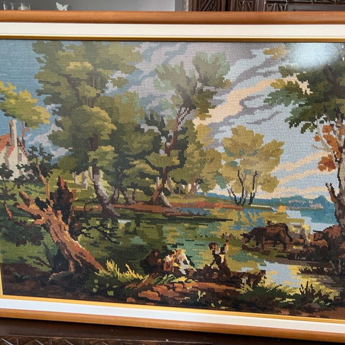 Textile painting used with rural landscape and matte glass