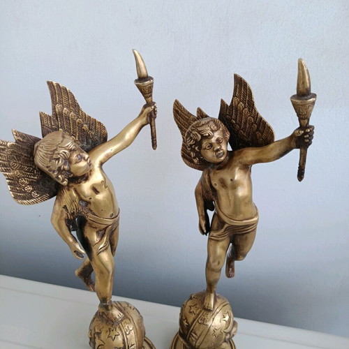 Bronze antique statues pair like new, winged angels with torches 1820