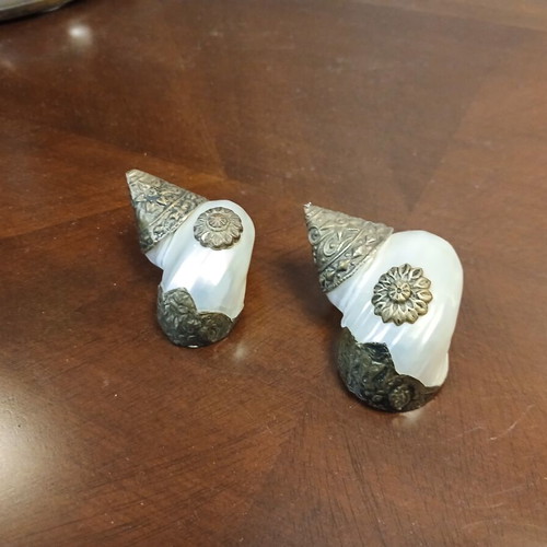 Tibetan natural shells set with alpaca overlay, handmade, vintage