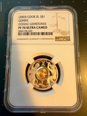 Cook Islands 1 Dollar 2003 Gemini Zodiac Gemstones Silver Coin NGC PF70 Ultra Cameo