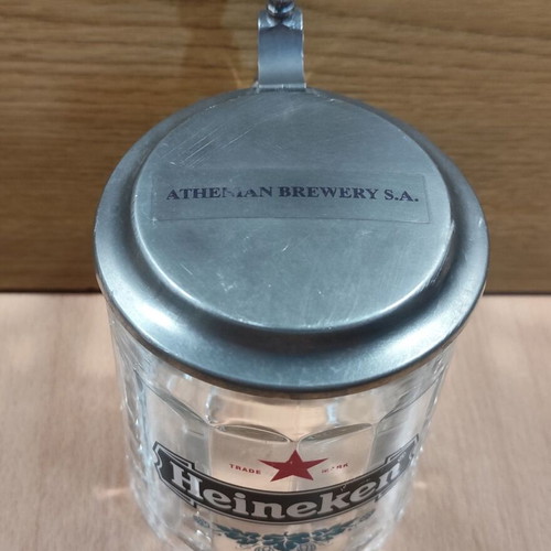 Heineken beer glass mug 500ml used with metal lid from Athenian Brewery