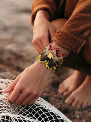Μακραμέ βραχιόλι boho statement με neon και μεταλλικές λεπτομέρειες