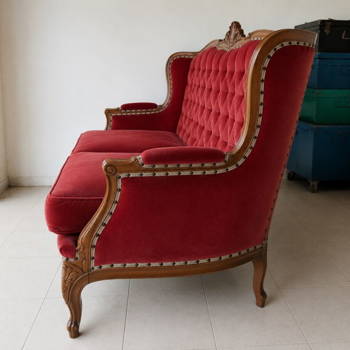 French Provincial Louis XV Style Living Room Suite 6-Piece Burgundy Velvet Like New