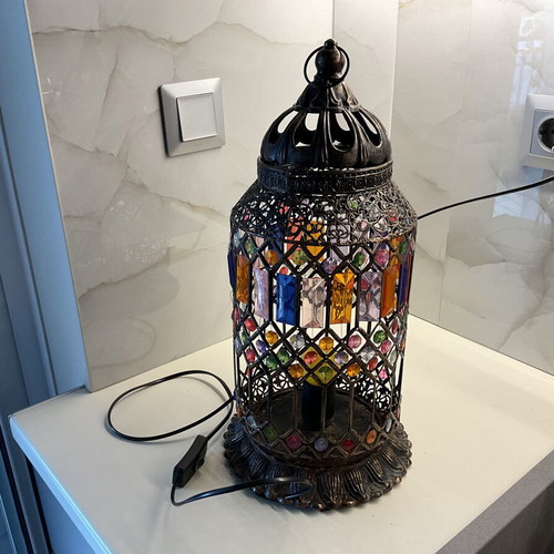 Inart handmade lantern lamp, 45 cm, metal with colorful glass