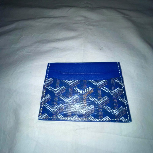 Goyard Card Holder, blue with chevron print and leather trim