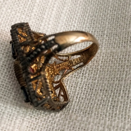 Silver gold 9k 925 ring with blue sapphires and ruby used