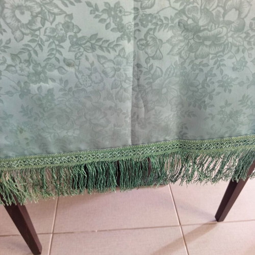 Vintage large petrol tablecloth with fringes and floral pattern used