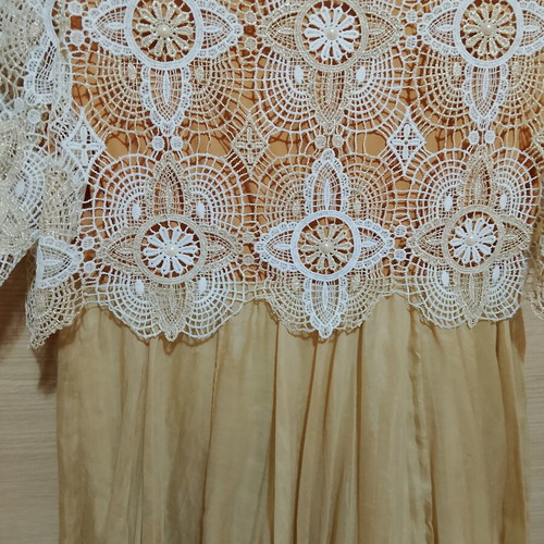 Mitropoulos dress like new, beige with crochet lace and pearls