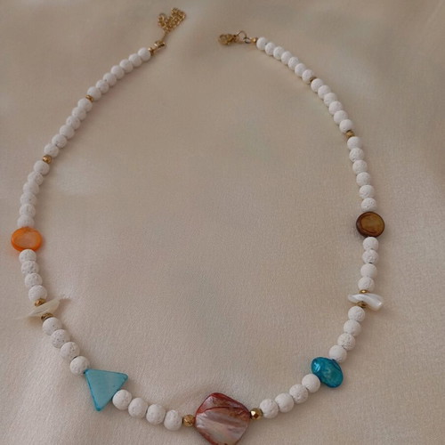 Handmade women's necklace with mother of pearl and lava stone new