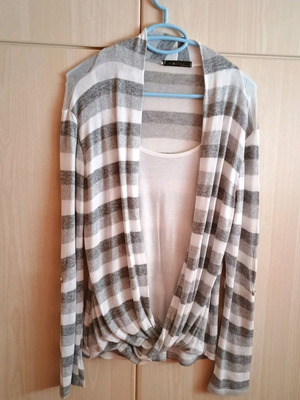 Wrap blouse used, white and gray, with integrated top