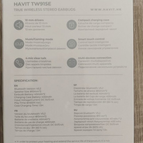 Havit TW915E In-ear Bluetooth Handsfree Earbuds new with charging case black