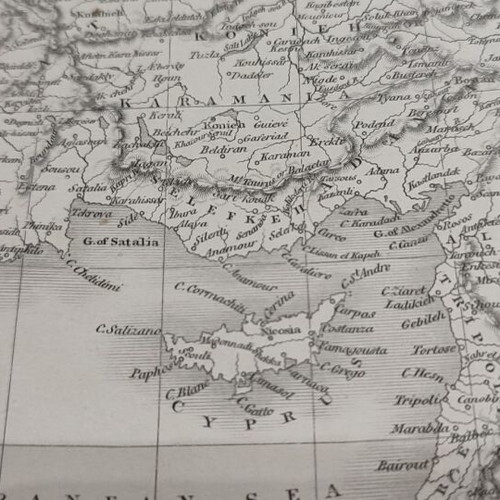 Authentic 1850 map of Turkey in Asia showing Cyprus and eastern coasts