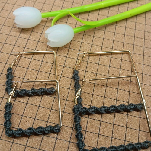 Macrame handmade earrings black hoops, gold steel, new