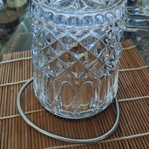 Vintage crystal ice bucket used with stainless steel rim and handle