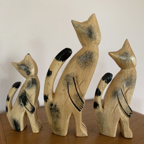 Set of three handmade wooden cat figurines new