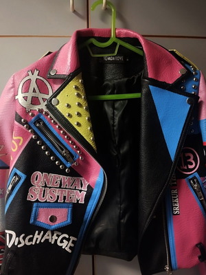 Graffiti Leather Jacket Nevada Love used, pink and turquoise