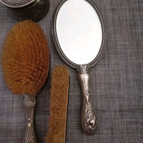 Vintage silver-plated set mirror, brushes and powder box like new