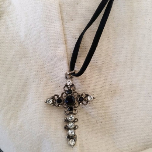 Carved vintage cross with rhinestones used and velvet strap