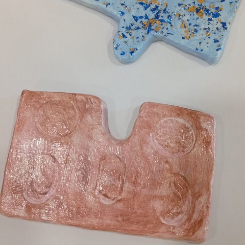 Handmade ceramic puzzle coaster new, gold leaf and blue details