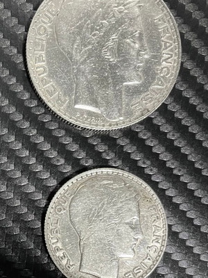 Silver coins France 20 Francs 1933 and 10 Francs 1931 used