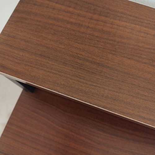 Corner desk with open shelves, walnut color, MDF and black metal frame