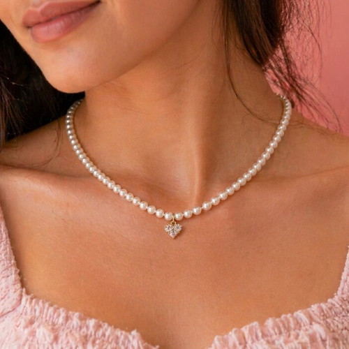 Necklace with heart and pearls stainless steel new