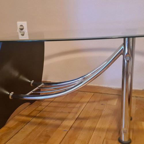 Coffee table with glass removable top and wood-metal base like new