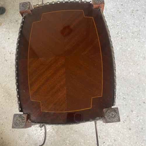 Marquetry coffee table used, solid wood, bronze and glass, 1970