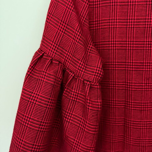 Red blouse with check pattern and dramatic sleeves, like new, size S