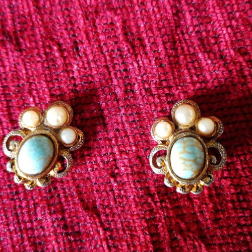 Gold-plated earrings used 1930s Czechoslovakia with glass cabochons