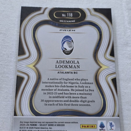Ademola Lookman Mezzanine Silver Prizm #118 Panini 2025-26 Select Serie A card like new