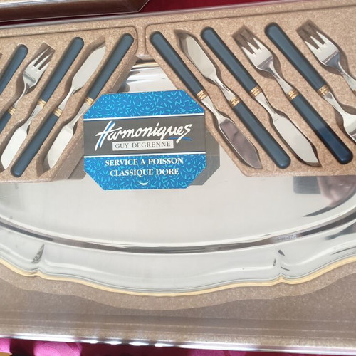 Harmoniques Guy Degrenne Fish Serving Set new, metal platter and cutlery