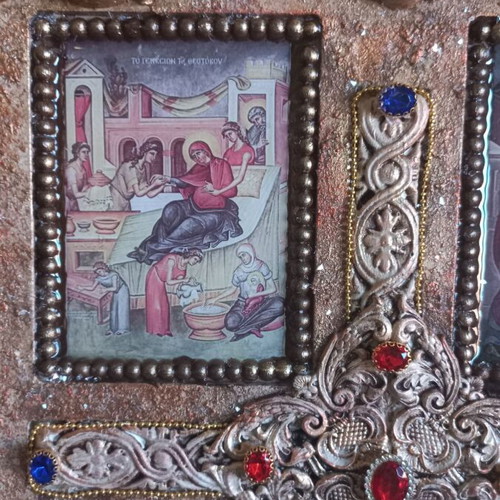 Handmade wooden icon new, earthly life of Theotokos 35×24 cm