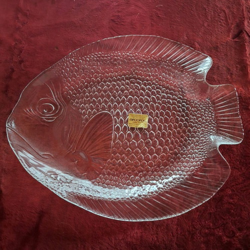 Glass fish-shaped platter Arcoroс new, vintage