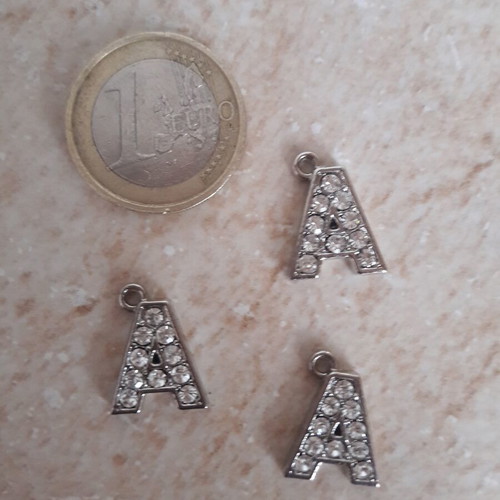 Letter A charms with rhinestones, set of 4