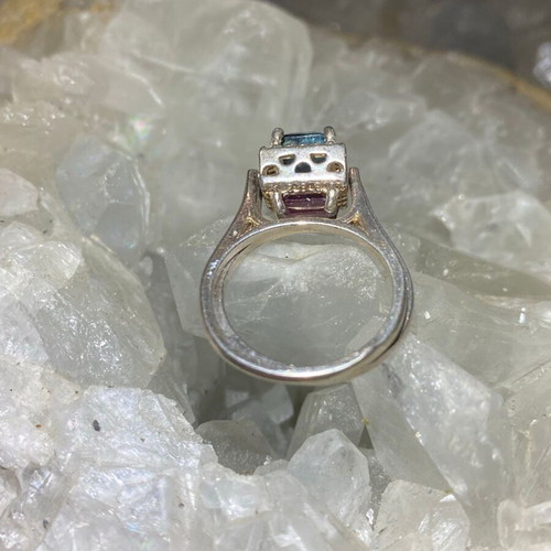 Handmade silver double-sided ring with natural indicolite, pink tourmaline & moissanite, new