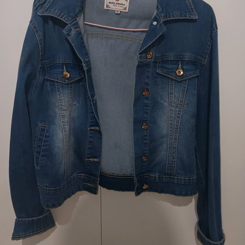 Denim jacket women's used, blue with stain on sleeve