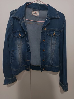 Denim jacket women's used, blue with stain on sleeve