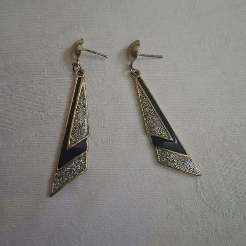 Vintage 80s Earrings Black Enamel & Glitter Geometric