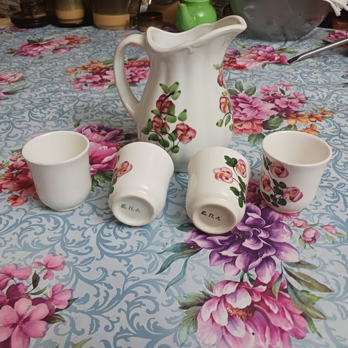 Porcelain set 6 glasses and 1 jug floral design like new