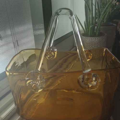 Handbag vase, vintage Italian blown glass, honey color with clear handles