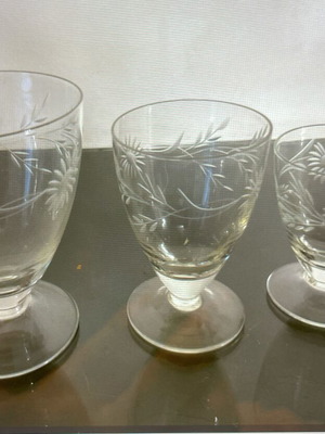 Antique engraved crystal glasses like new, set of 6 and 3 jugs