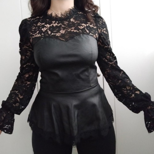 Lace and leatherette blouse used, black, size M