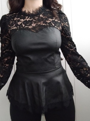 Lace and leatherette blouse used, black, size M
