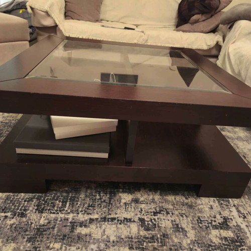 Living room table used, dark wood with square glass top